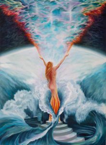 Nude Woman Ascending Yoni Waves Embraces Flowing Spirit Energy Painting