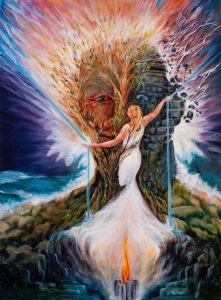 Surreal Man Embraces Fire Water Woman Creating Energy Sparks Painting