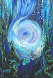 Mermaid Dolphin Fantasy Portal Painting with Neptunes Trident and Treasures