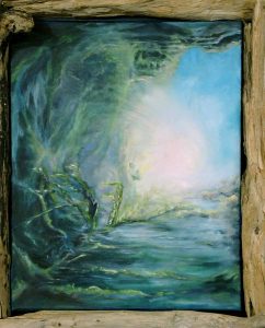 Saint Prays in Seaside Cave Sunlight Spiritual Painting