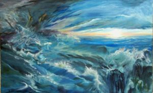 Sea Serpents and Ocean Waves in Surreal Fluxion Painting